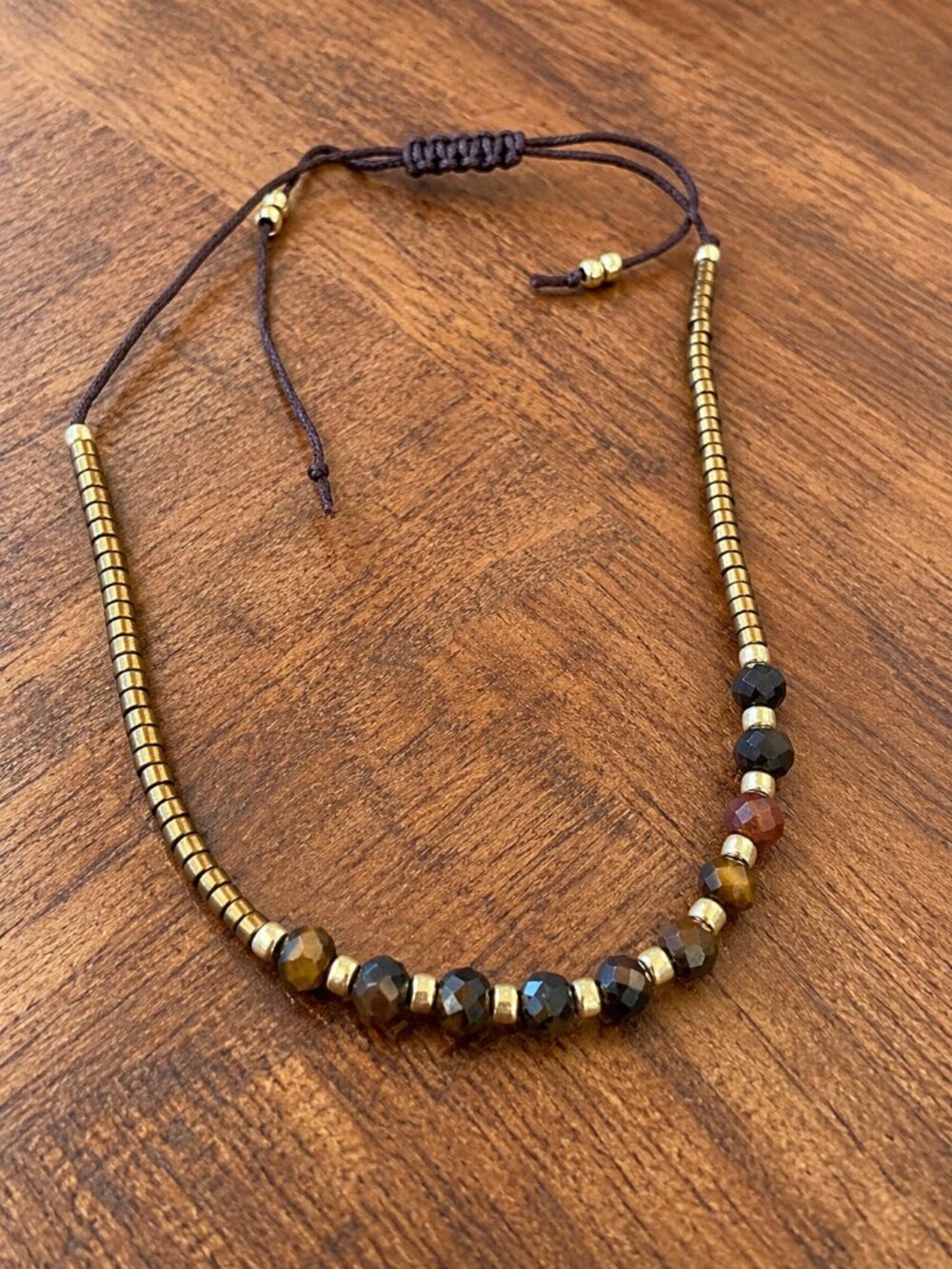 Boho Black Beaded Bracelet Adjustable Cord Unisex Rustic Earthy Jewelry